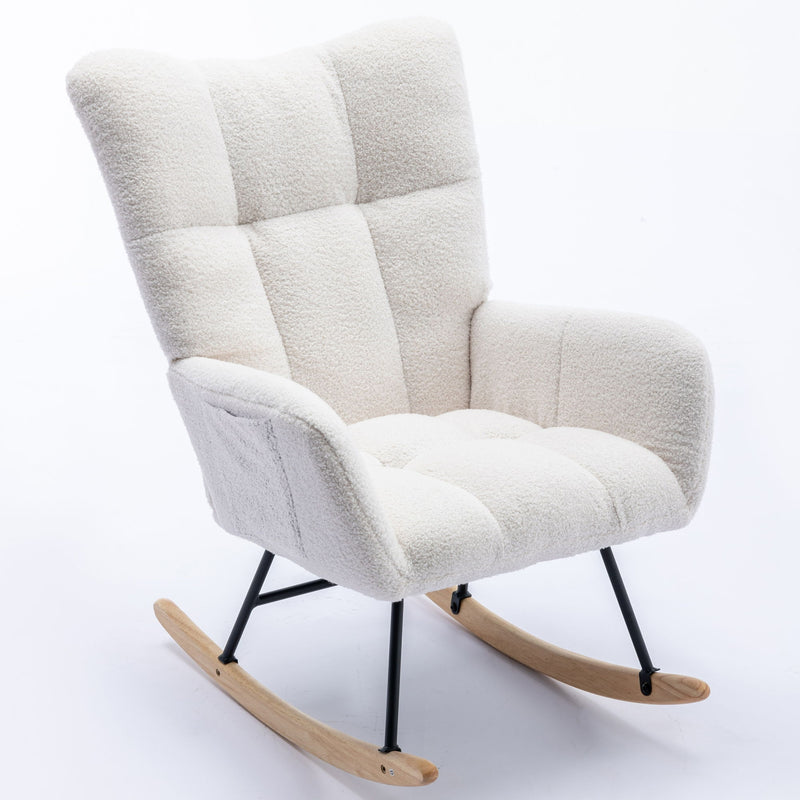 Rocking Chair With Pocket, Soft Teddy Fabric Rocking Chair For Nursery, Comfy Wingback Glider Rocker With Safe Solid Wood Base For Living Room