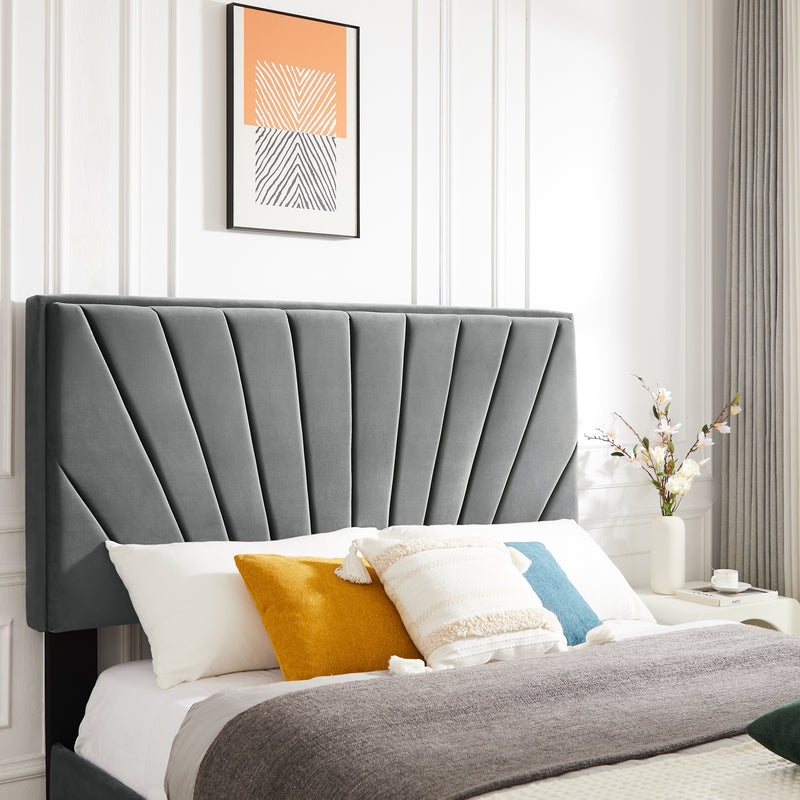 B108 Full bed with one nightstand, Beautiful line stripe cushion headboard , strong wooden slats + metal legs with Electroplate