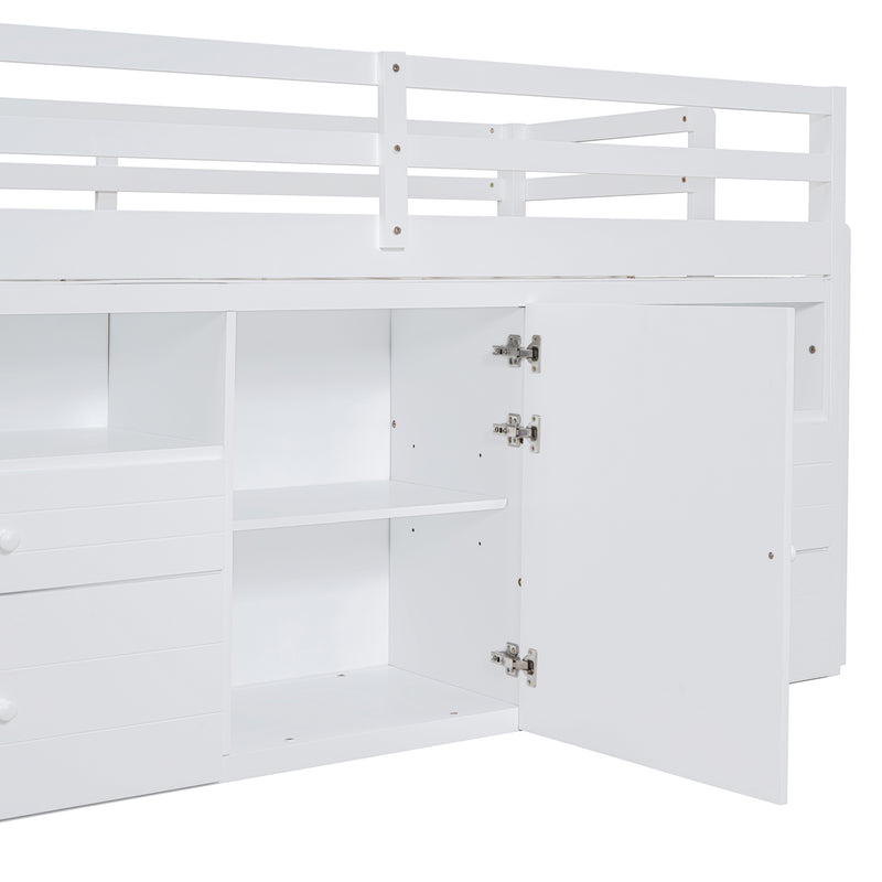 Twin Size Loft Bed with 4 Drawers, Underneath Cabinet and Shelves, White