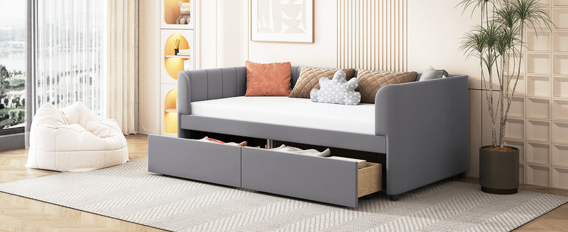 Twin Size Upholstered Daybed with Ergonomic Design Backrest and 2 Drawers, Gray