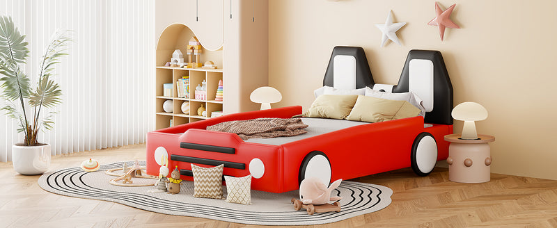 Twin Size Race Car-Shaped Platform Bed with Wheels,Red