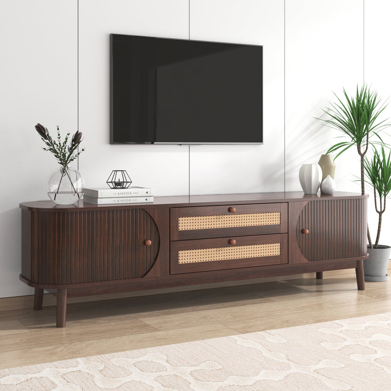 Rattan TV Stand for TVs up to 75'', Modern Farmhouse Media Console, Entertainment Center with Solid Wood Legs, TV Cabinet for Living Room,Home Theatre