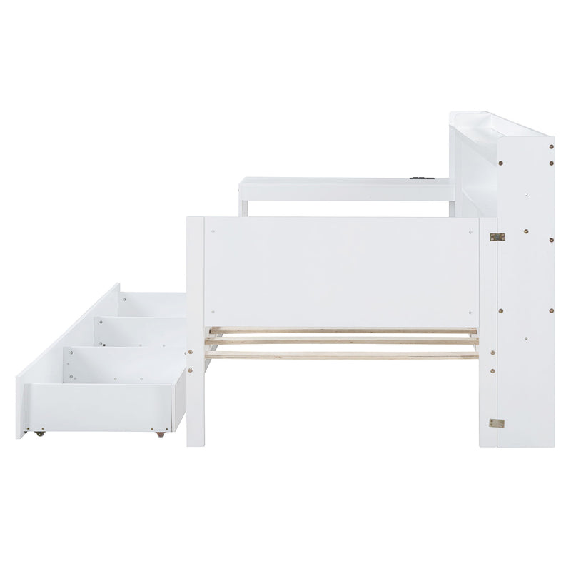 Twin Size Wooden Daybed With 3 Drawers, USB Ports And Desk - White