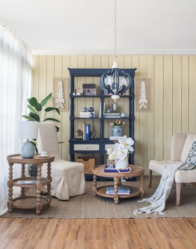 Four Tiered Wooden Shelf With Two Drawers, Farmhouse Wood Bookcase Display Storage Shelf Etageres - Antique Navy Blue