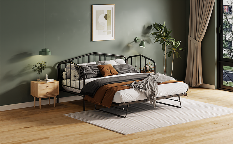 Twin Size Stylish Metal Daybed with Twin Size Adjustable Trundle, Portable Folding Trundle, Black