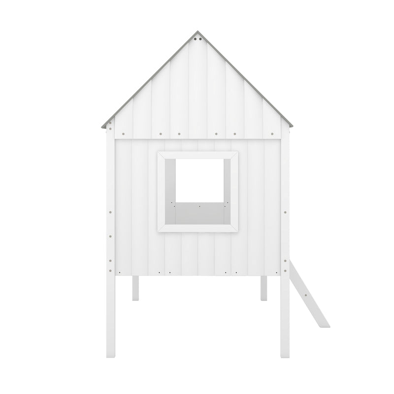 Twin Size Low Loft Wood House Bed with Two Side Windows  (White+Gray)(OLD SKU: LP000037AAE)