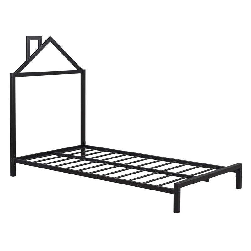 Twin Size Metal Platform Bed With House-Shaped Headboard Design