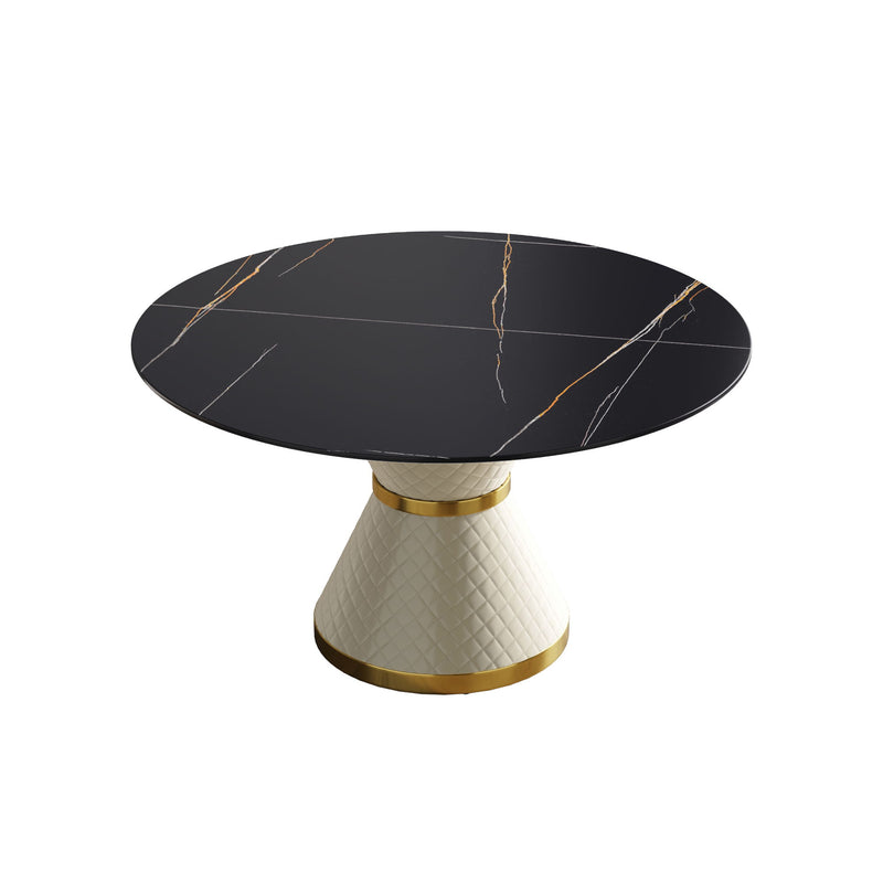 53.15" Modern Artificial Stone Round Carbon Steel Base Dining Table, Can Accommodate 6 People - Black / White