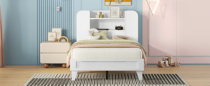 Twin Size Platform Bed with Storage Headboard,Multiple Storage Shelves on Both Sides,White