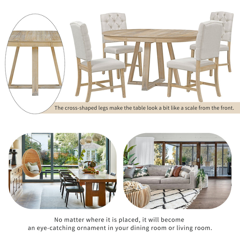 Retro Functional Dining Set, Round Table With Leaf And Upholstered Chairs For Dining Room And Living Room