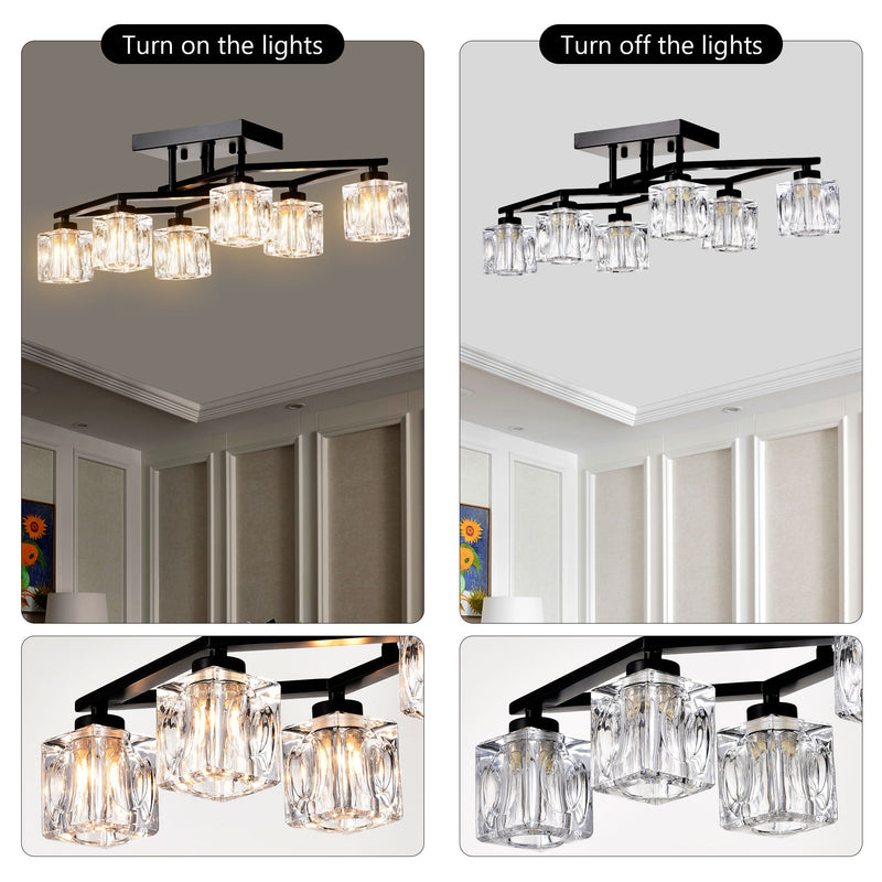 6 Light Crystal Ceiling Light For Dining Room, Modern Ceiling Lamp With Light Fixture For Farmhouse Entryway Living Room (6*G9 Bulbs Included) - Matte Black