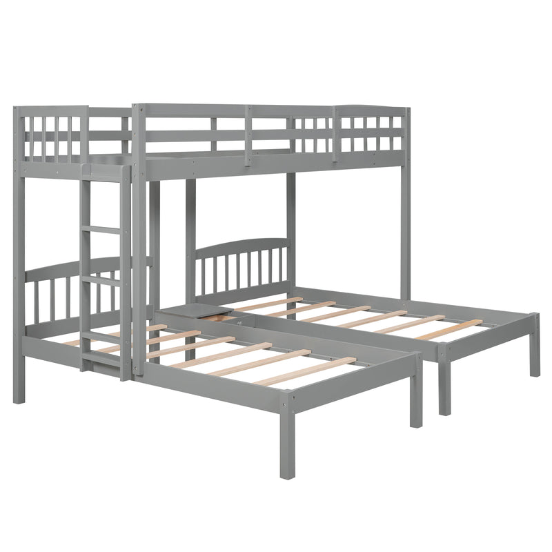 Twin over Twin & Twin Bunk Bed with Built-in Middle Drawer, Gray