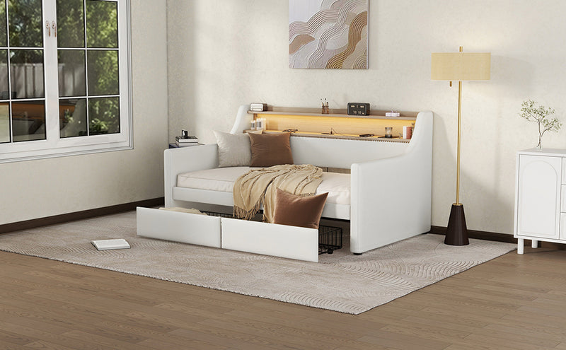 Twin Size Daybed with Storage Drawers, Upholstered Daybed with Charging Station and LED Lights, White(Expect arrival date May, 9th