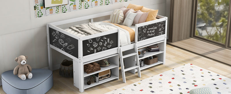 Twin Size Low Loft Bed with Two Movable Shelves and Ladder,with Decorative Guardrail Chalkboard,White(Old SKU: WF283286AAK)