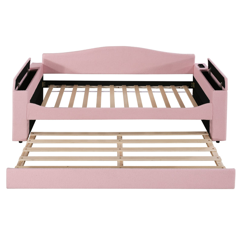 Twin Size Upholstered Daybed with Storage Armrests, Trundle and Latest Integrated Bluetooth Audio System, Teddy Fleece, Pink