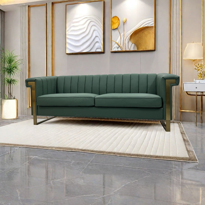 Fx-P81Pu-Gr Sofa Modern Sofa With Gold Accents, Sleek Channel-Tufted Upholstery, 3-Seat Couch For Living Room And Office Decor (Temu Suitable) - Retro Green