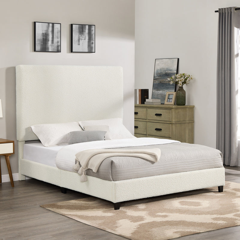 Queen Size White Boucle Upholstered Platform Bed - White