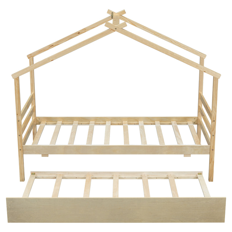 Twin Size  House-shaped Bed with Trundle,Natural