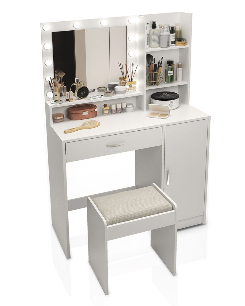 Vanity Desk With Mirror & Light, Large Drawer Three Level Storage Dresser, 3 Lighting Modes Adjustable Brightness, Bedroom Dressing Table (With Stool) - White