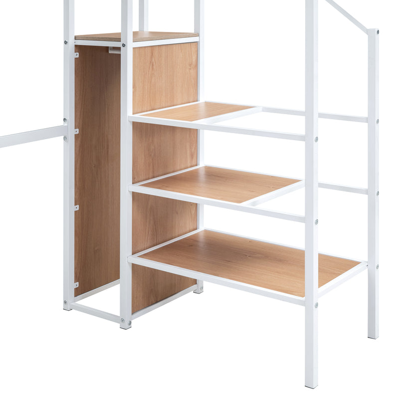 Twin Size Metal Loft Bed with Desk and Metal Grid, Stylish Metal Frame Bed with Lateral Storage Ladder and Wardrobe, White