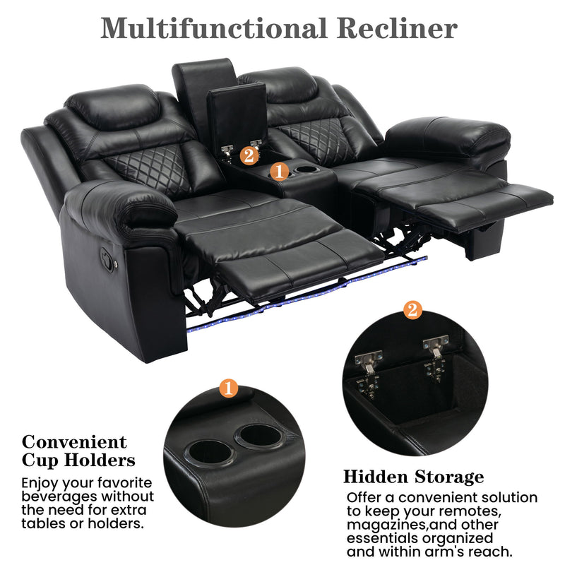 3 Pieces Recliner Sofa Sets Home Theater Seating Manual Recliner Chair With Center Console And Led Light Strip For Living Room