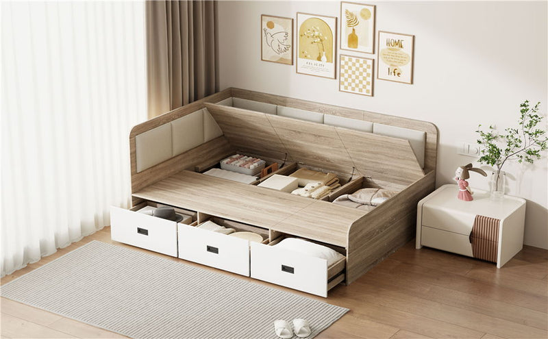 Full Size Daybed With Three Drawers And Three Storage Compartments - Nature / Beige