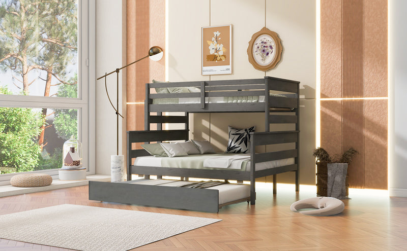 Wood Twin over Full Bunk Bed with Twin Size Trundle, Gray