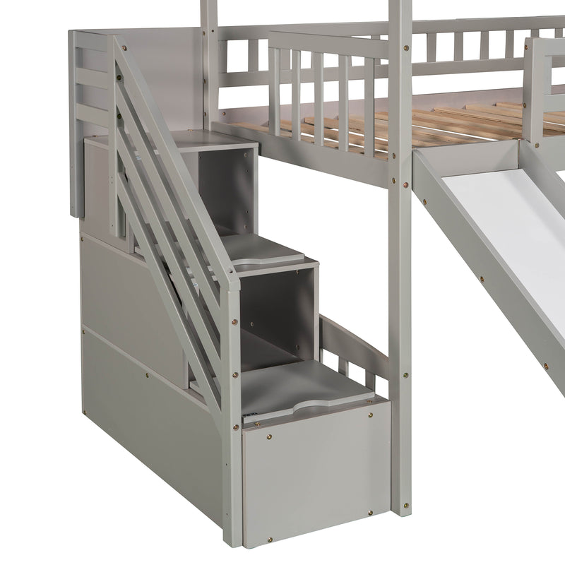 Twin Loft Bed with Two Drawers and Slide, House Bed with Slide, Gray (Old SKU: LP000130AAE)