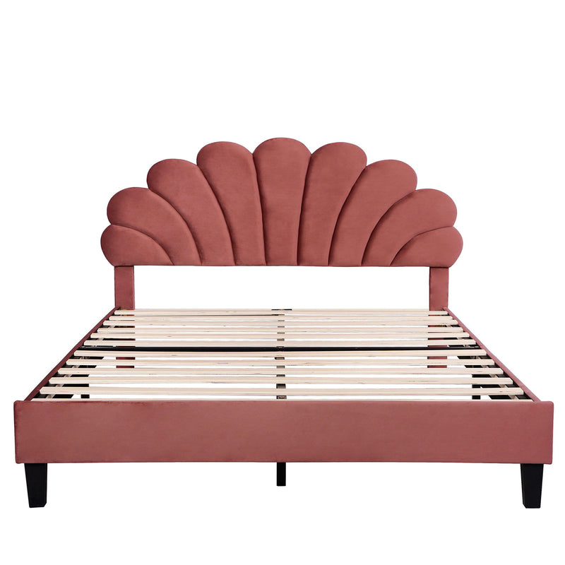 Queen Size Upholstered Platform Bed With Flower Pattern Velvet Headboard - Bean Paste Red