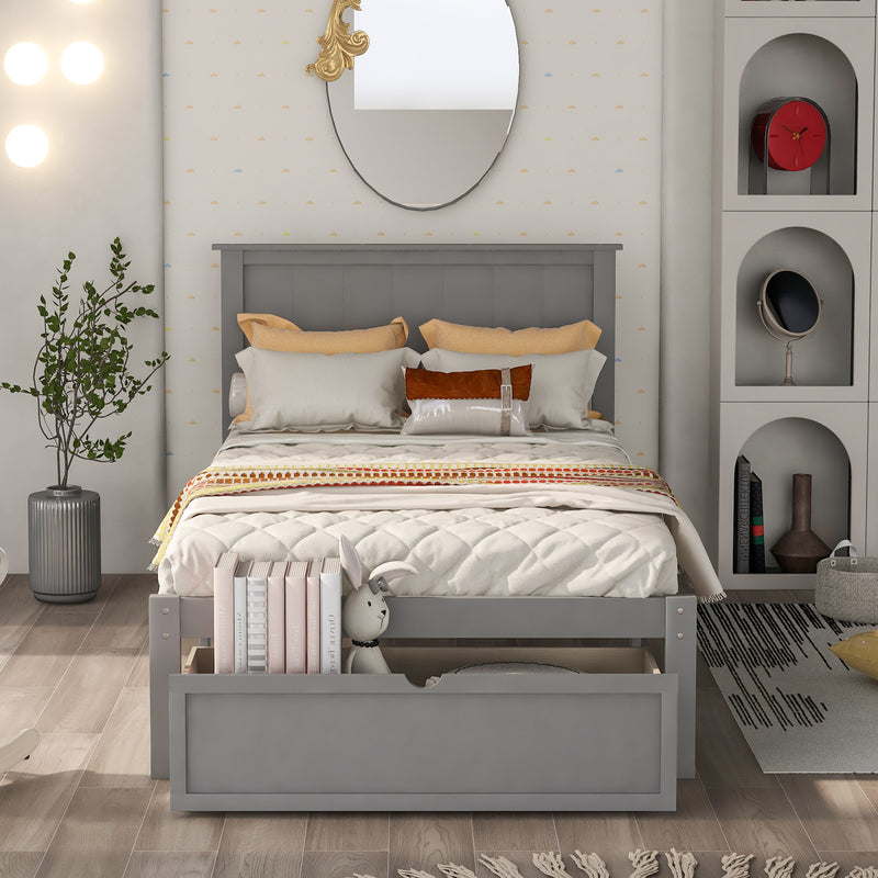 Twin Size Platform Bed with Under-bed Drawer, Gray