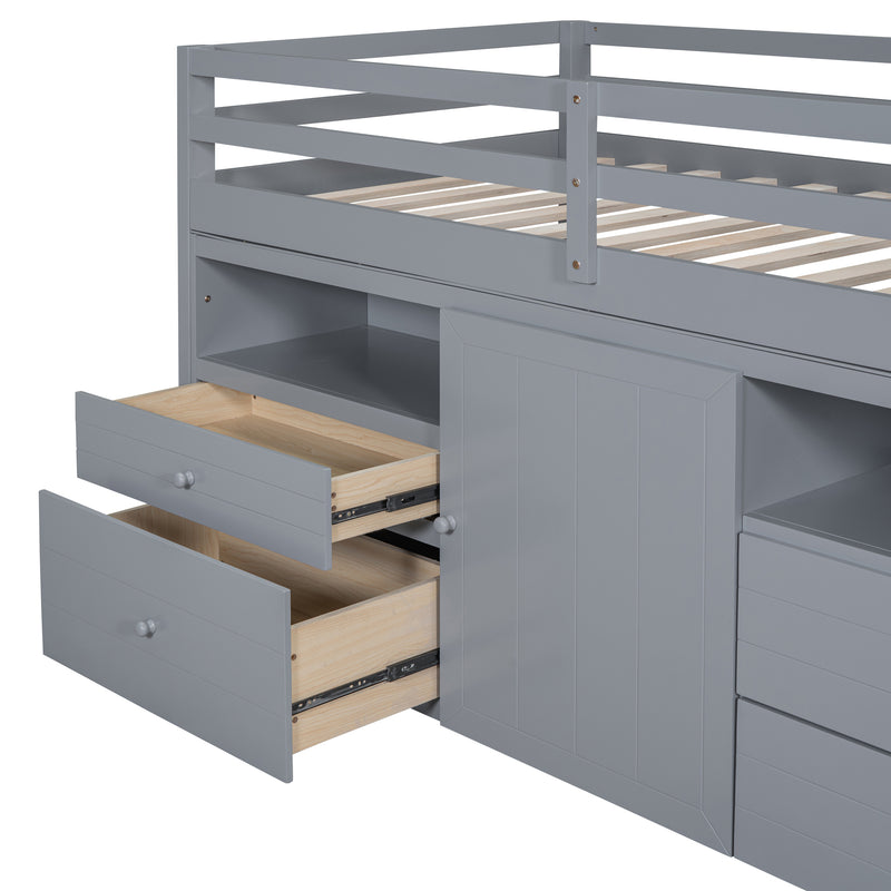 Twin Size Loft Bed with 4 Drawers, Underneath Cabinet and Shelves, Gray