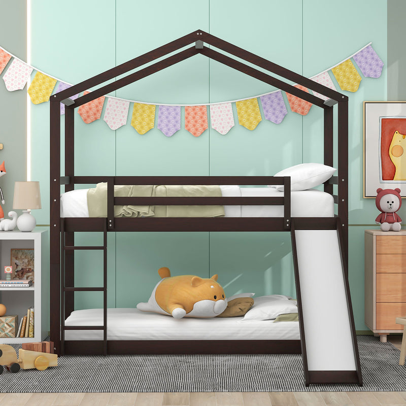 Twin Over Twin Bunk Bed with Roof, Slide and Ladder, Espresso