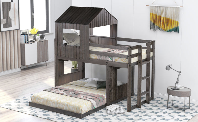 Wooden Twin Over Full Bunk Bed, Loft Bed with Playhouse, Farmhouse, Ladder and Guardrails , Antique Gray( old sku: LT000027AAE )