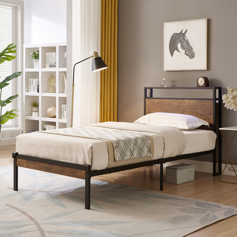 Twin Size Metal Platform Bed Frame with Wooden Headboard and Footboard with USB LINER, No Box Spring Needed,  Under Bed Storage, Easy Assemble