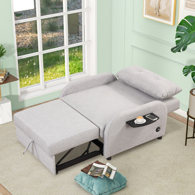 Pull Out Sofa Sleeper 3 In 1 With 2 Wing Table And USB Charge For Nap Line Fabric For Living Room Recreation Room