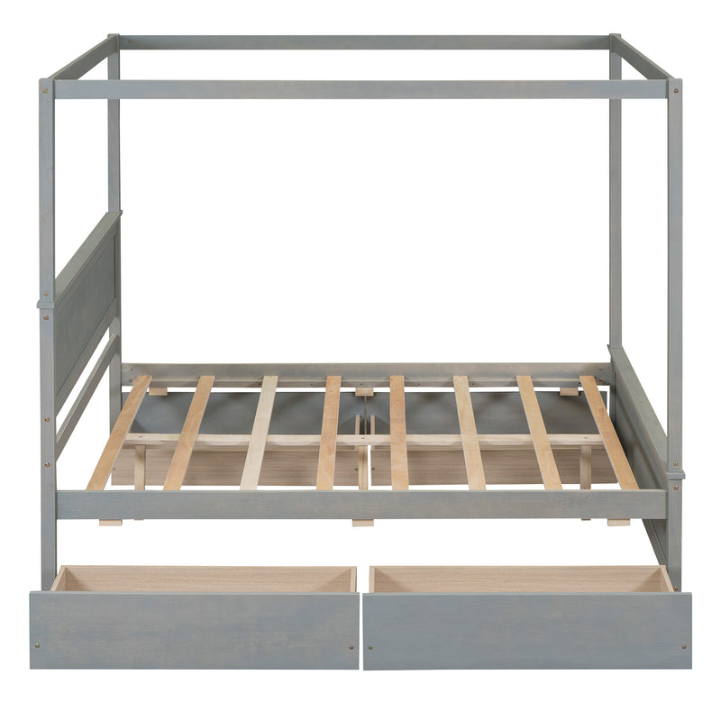 Wood Canopy Bed with four Drawers ,Full Size Canopy Platform Bed With Support Slats .No Box Spring Needed, Brushed Gray