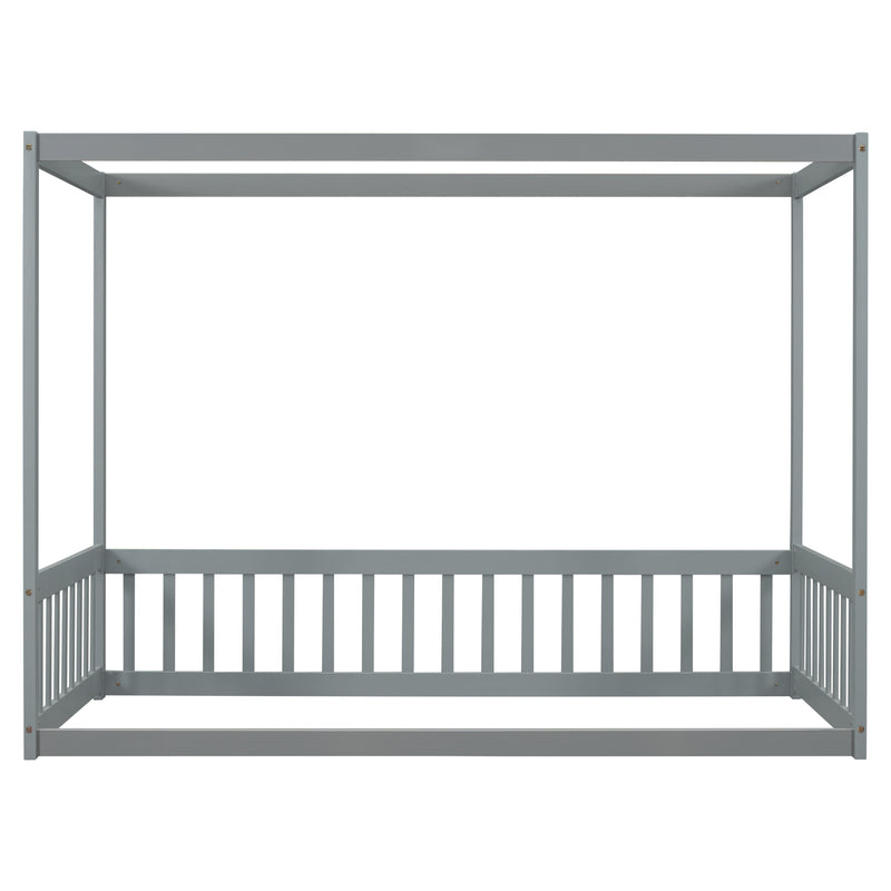 Twin Size Canopy Frame Floor Bed with Fence, Guardrails,Grey