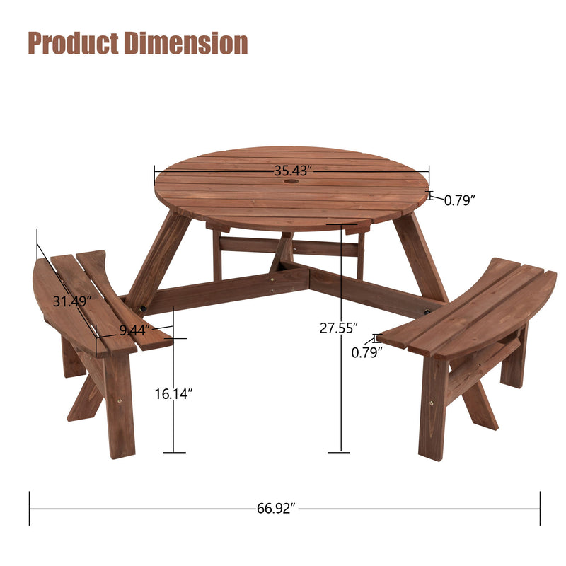 6 Person Circular Outdoor Wooden Picnic Table For Patio, Backyard, Garden, Diy With 3 Built-In Benches, 1720Lb Capacity - Brown