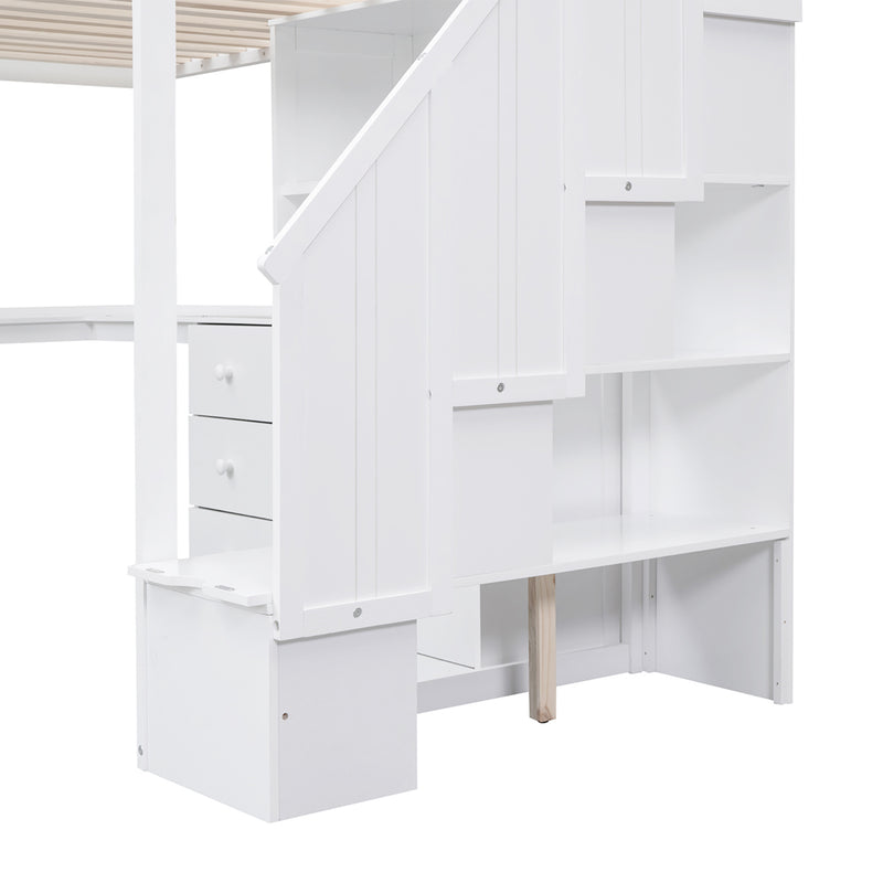 Twin Size Loft Bed with L-Shaped Desk and Drawers, Cabinet and Storage Staircase, White