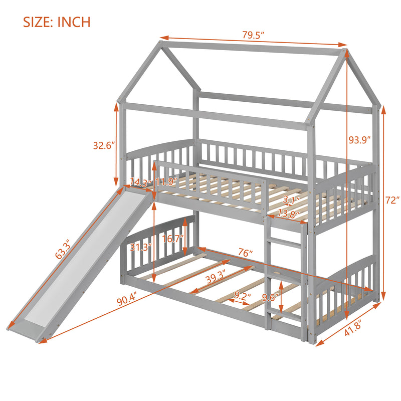 Twin Over Twin Bunk Bed with Slide, House Bed with Slide, Gray(OLD SKU: LT000213AAE