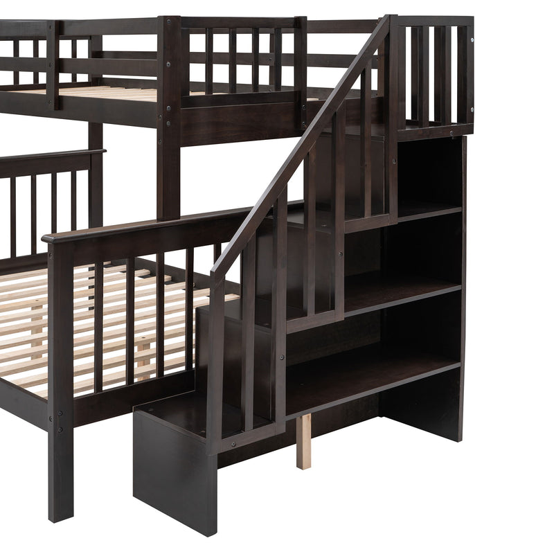 Stairway Twin Over Full Bunk Bed With Storage And Guard Rail For Bedroom - Espresso