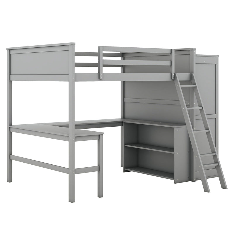 Full Size Loft Bed With Desk, Shelves And Wardrobe - Gray