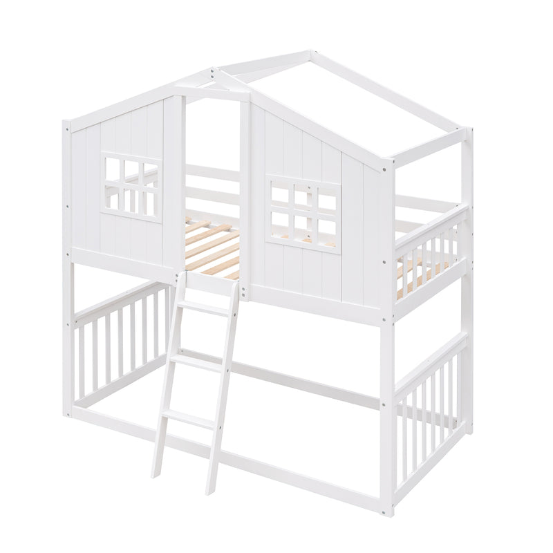 Twin Over Twin House Bunk Bed With Ladder, Wood Bed-White