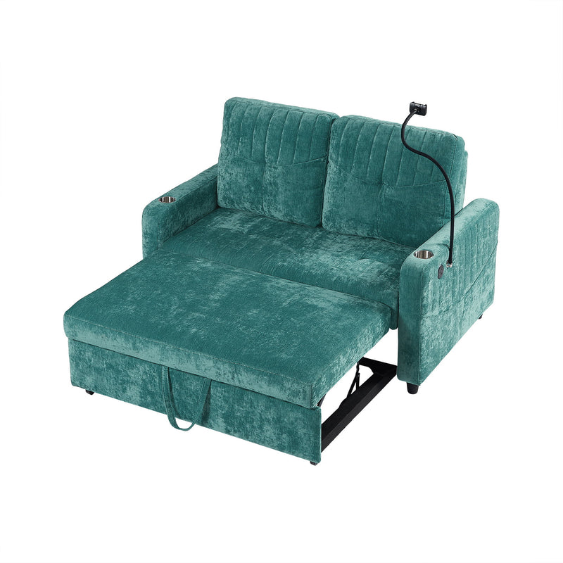 Modern Loveseat Pull Out Sofa Bed With Adjustable Backrest, Two Cup Holders, A Phone Holder, Three Charging Ports And Side Storage Pockets For Living Room