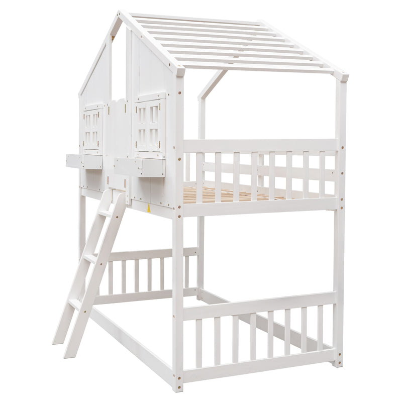 Twin over Twin House Bunk Bed with Roof , Window, Window  Box, Door , with Safety Guardrails and Ladder,White