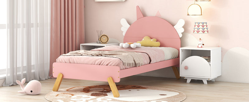 Wooden Cute Bed With Unicorn Shape Headboard,Twin Size Platform Bed,Pink