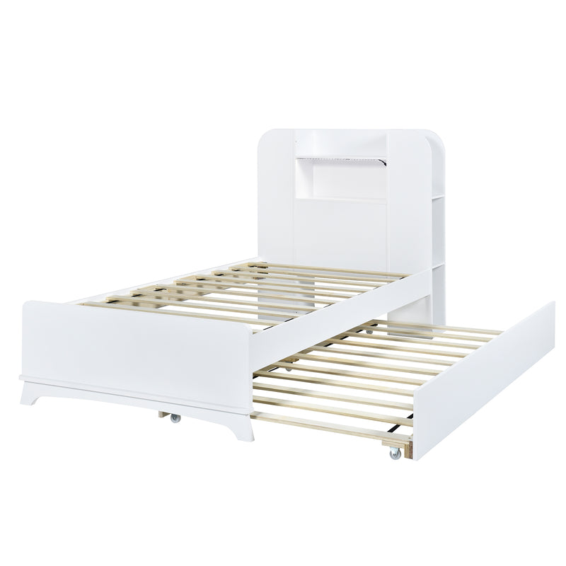 Twin Size Storage Platform Bed Frame with with Trundle and Light Strip Design in Headboard,White