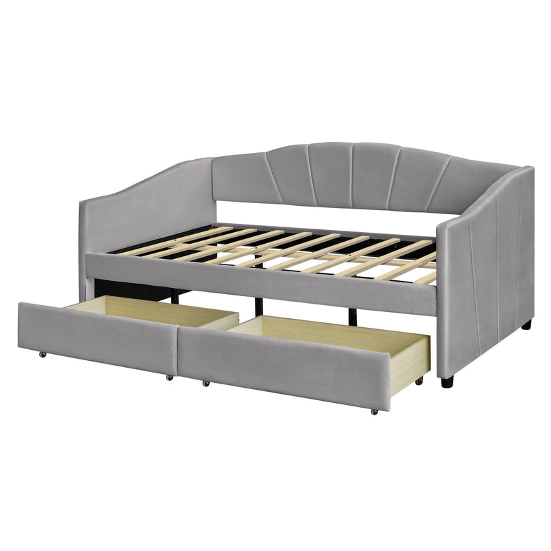 Twin Size Upholstered Daybed With Two Drawers And Wood Slat - Gray