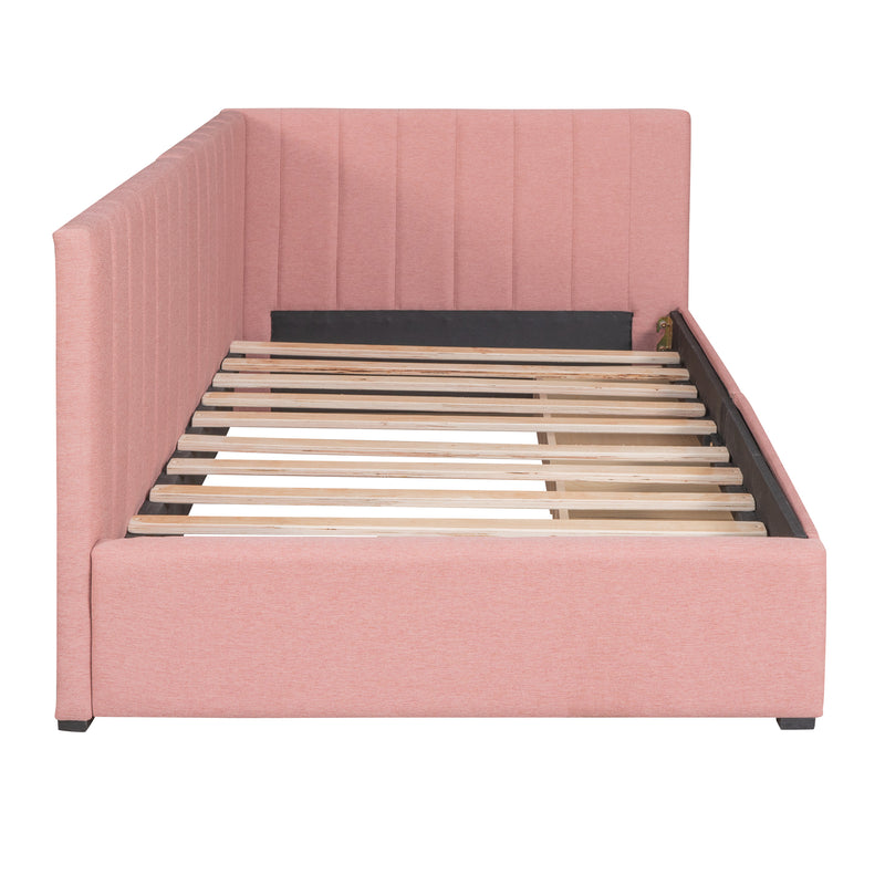 Upholstered Daybed with 2 Storage Drawers Twin Size Sofa Bed Frame No Box Spring Needed, Linen Fabric (Pink)