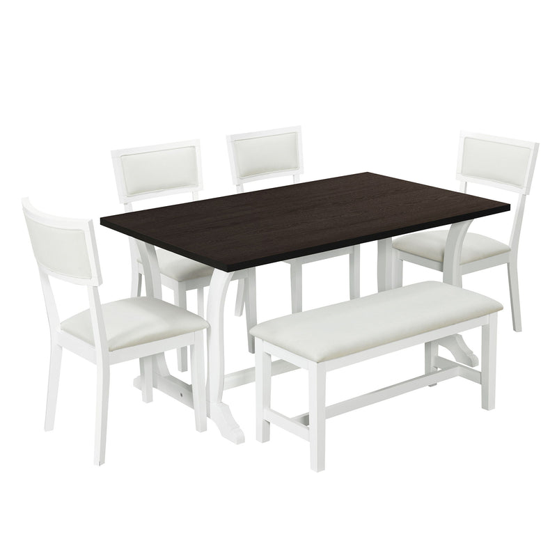 Topmax - 6 Piece Farmhouse Trestle Dining Table Set With Upholstered Dining Chairs And Bench - White